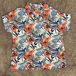 Chico’s Colorful Tropical Leaf Linen Blend Popover Top size L Resortwear Summer